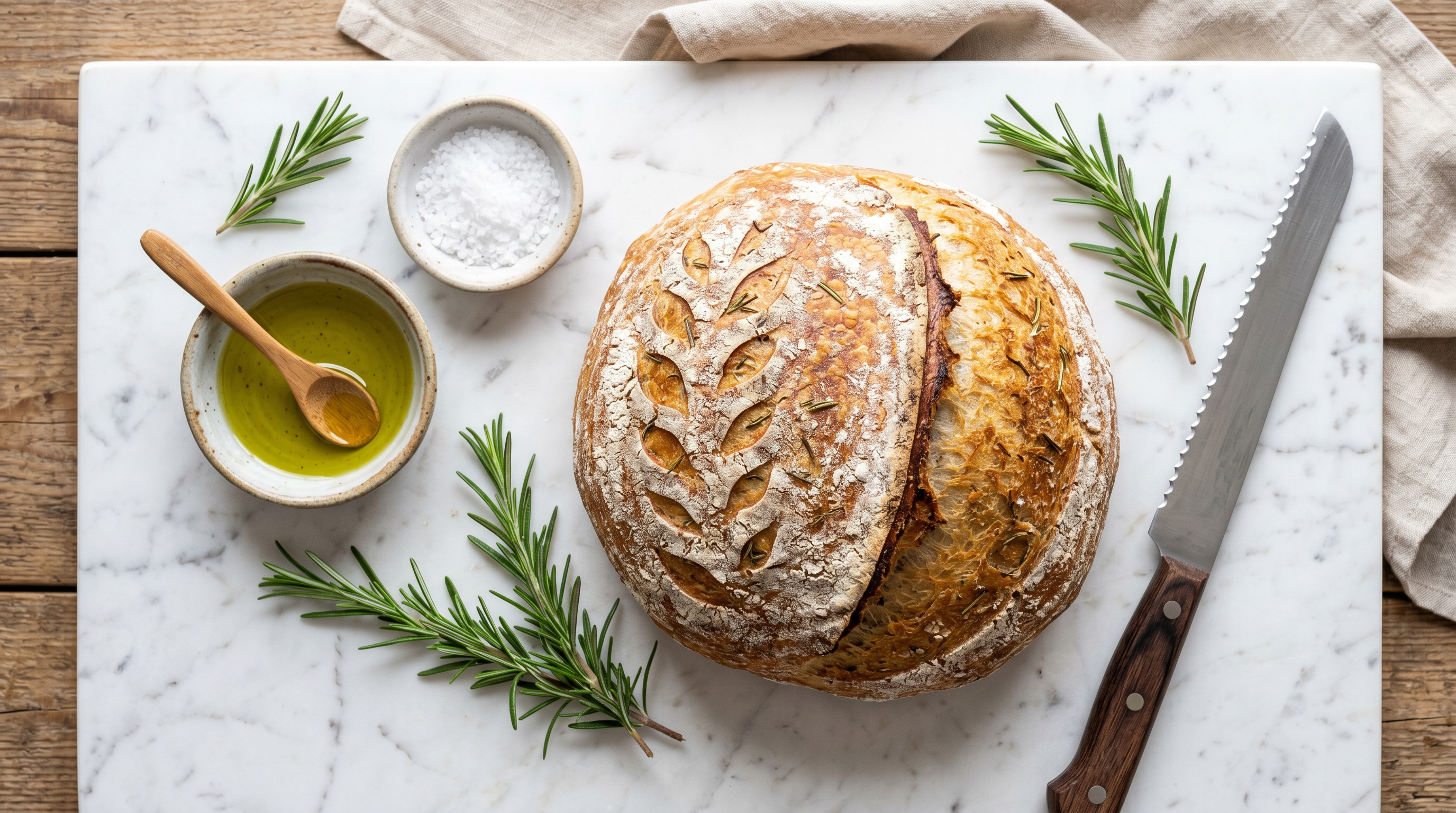 Loaf of bread with a knife, olive oil, and rosemary on a marble surface