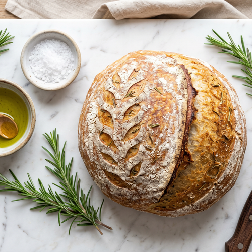 Loaf of bread with a knife, olive oil, and rosemary on a marble surface