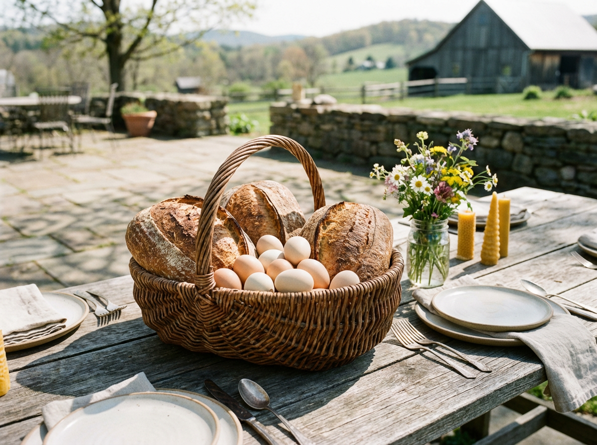 Fresh bread and farm food on a warm wooden table