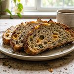 Slices of bread on a plate with a cup of coffee on a wooden table