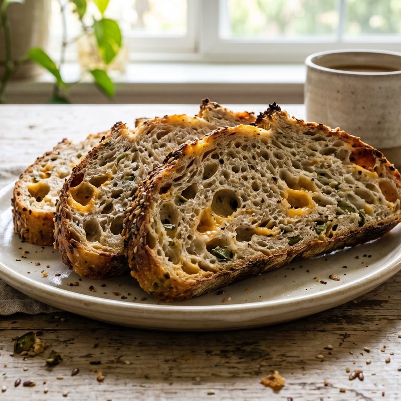 Slices of bread on a plate with a cup of coffee on a wooden table