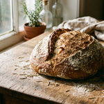 Loaf of bread on a wooden table with a window in the background