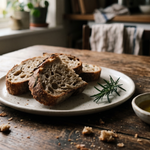 Sliced bread on a plate with a bowl of oil and rosemary on a wooden table.